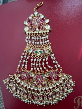 Gold-Tone Kundan Jhumar Hair Jewelry with Pink and Green Stones